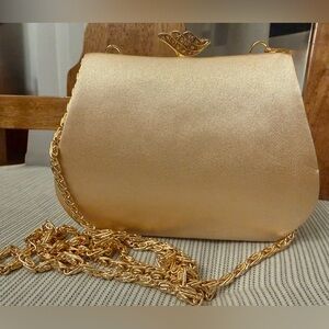 Jessica McClintock Vintage Satin Clutch Bag w/ gold chain strap rhinestone snap